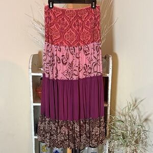 The Limited Red/Pink/Plum/Brown Tiered Maxi Skirt.Fully Lined. Boho and Flowy!